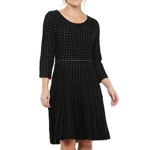 Nina Leonard Women's Black/Tan Contrast Dot Fit & Flare Sweater Dress sz M